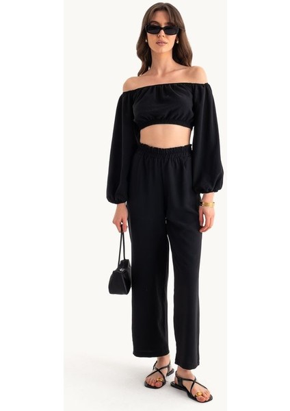 Kadın 2 Parça: Off Shoulder Balon Kollu Crop Top & Orta Yüksek Bel Düz Bacak Pantolon Black