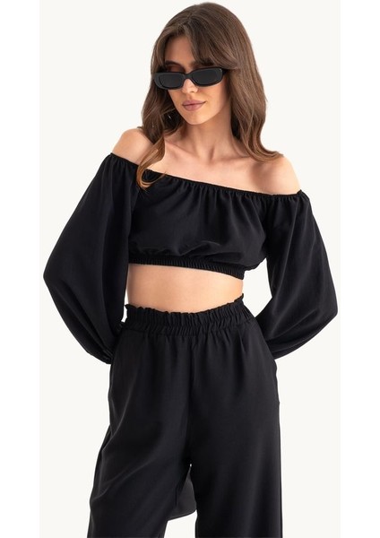 Kadın 2 Parça: Off Shoulder Balon Kollu Crop Top & Orta Yüksek Bel Düz Bacak Pantolon Black modelleri