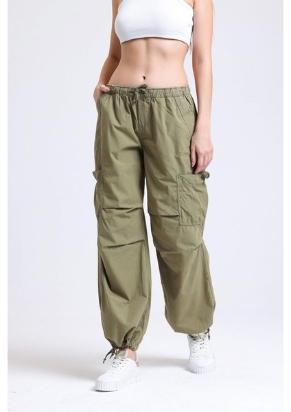 Kadın Açık Mavi Kot Orta Bel Lastikli Paraşüt Pantolon Haki Yeşil
