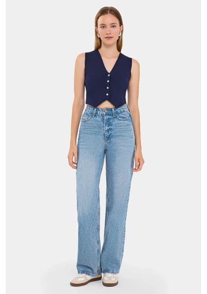 Kadın Kolsuz Örme Crop Süeter Yelek Blue fiyatları