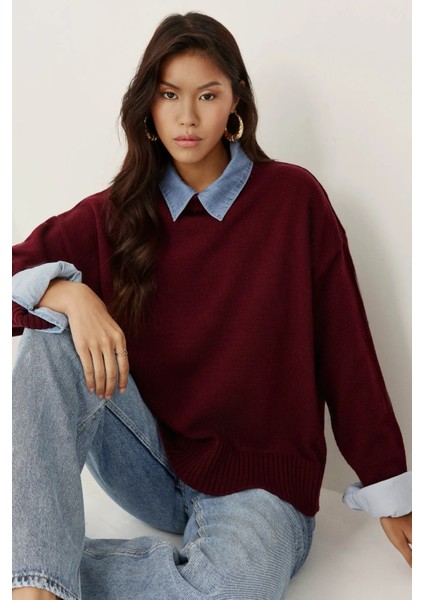 Kadın Bisiklet Yaka Relax Fit Yumuşak Triko Kazak Bordo Kırmızı