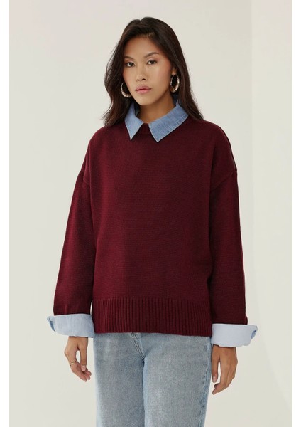 Kadın Bisiklet Yaka Relax Fit Yumuşak Triko Kazak Bordo Kırmızı fiyatları