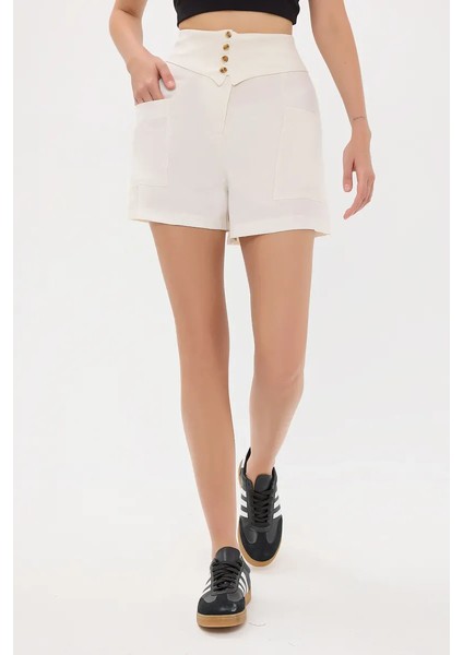 Kadın Yüksek Bel Kemer Detaylı Dokuma Şortlar Natural fiyatları