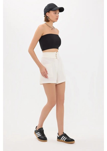 Kadın Yüksek Bel Kemer Detaylı Dokuma Şortlar Natural modelleri
