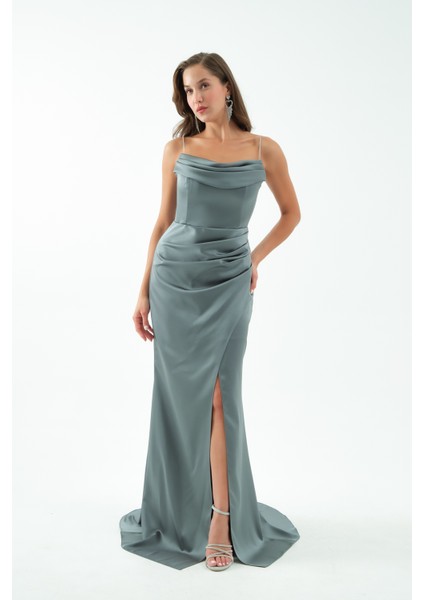 Kadın Firuze Taş Askılı Uzun Söz Nişan Abiye Elbise