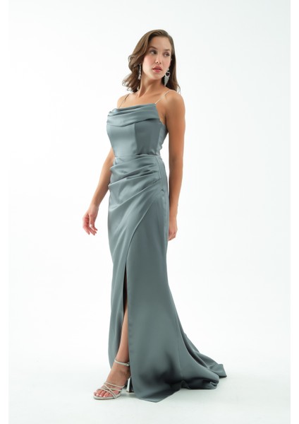 Kadın Firuze Taş Askılı Uzun Söz Nişan Abiye Elbise fiyatları