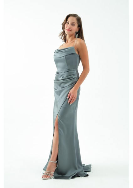 Kadın Firuze Taş Askılı Uzun Söz Nişan Abiye Elbise modelleri