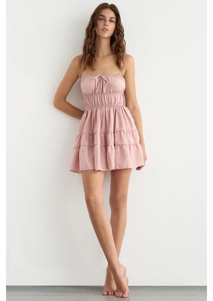 Kadın Bağlamalı Detaylı Pamuk Mini Elbise Pink