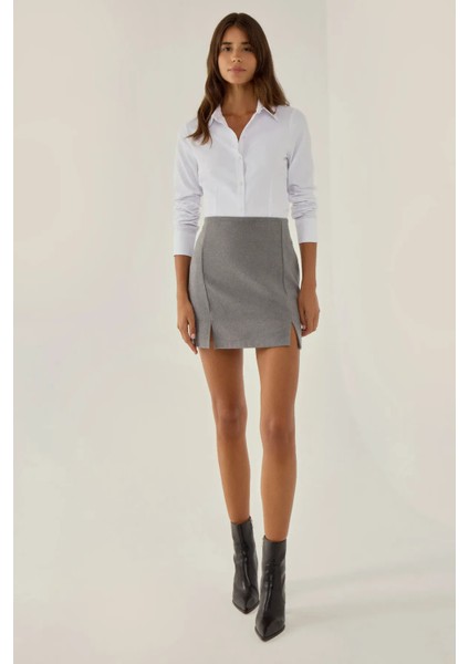 Kadın Yüksek Bel Yırtmaç Detaylı Mini Etek Grey