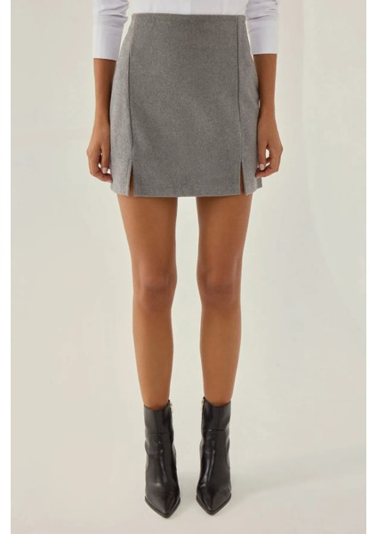Kadın Yüksek Bel Yırtmaç Detaylı Mini Etek Grey fiyatları