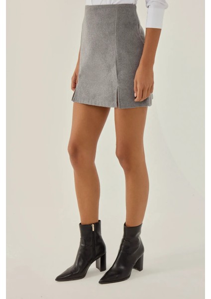 Kadın Yüksek Bel Yırtmaç Detaylı Mini Etek Grey modelleri