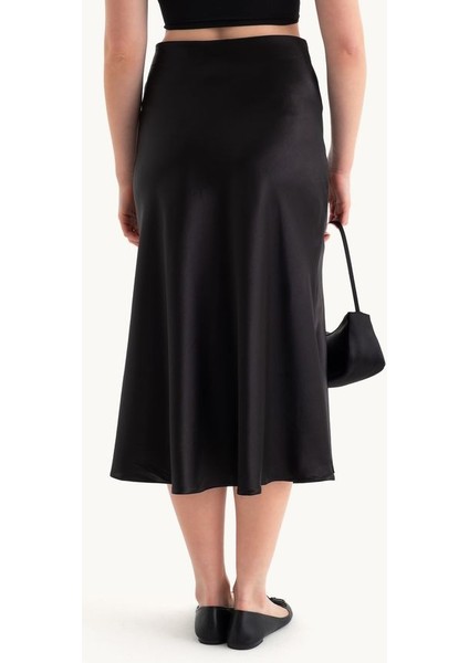 Kadın Kahverengi Saten Yüksek Bel Midi Etek Black fırsatları