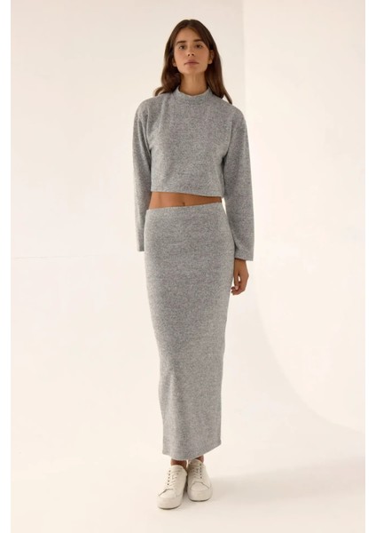 Kadın Düşük Bel Örme Bodycon Maxi Etek Gri