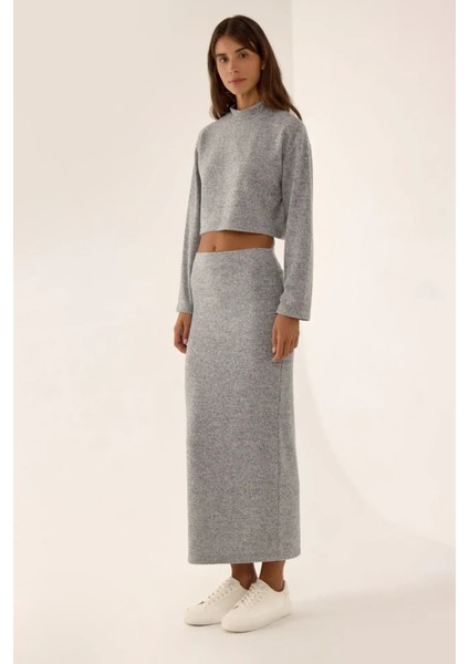 Kadın Düşük Bel Örme Bodycon Maxi Etek Gri modelleri