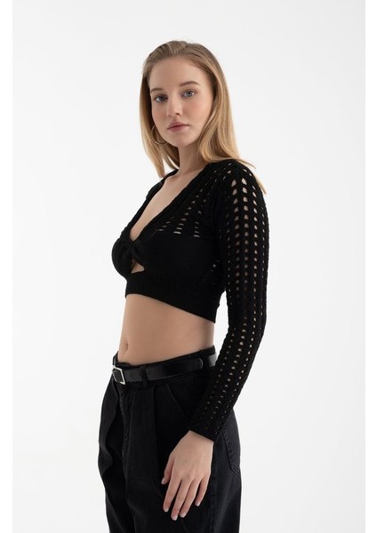 Kadın Yaka V Yaka Örme Kesik Uzun Kollu Dantel Bluz Natural modelleri