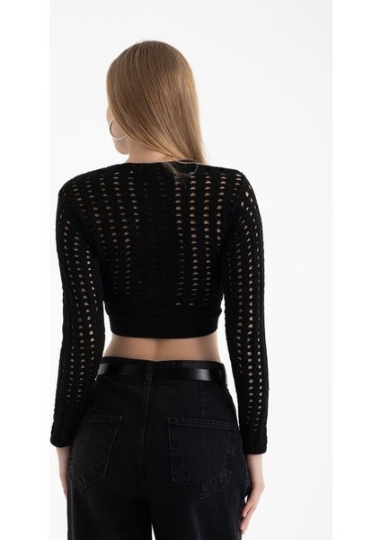 Kadın Yaka V Yaka Örme Kesik Uzun Kollu Dantel Bluz Natural fırsatları