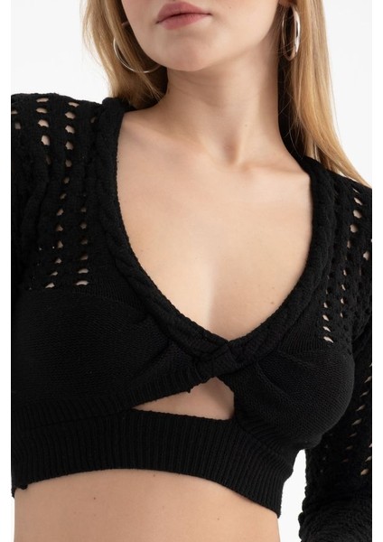 Kadın Yaka V Yaka Örme Kesik Uzun Kollu Dantel Bluz Natural indirimleri