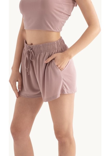 Kadın Orta Yükseklikte İplerle Beli Ayarlanabilen Temel Şortlar Pembe modelleri