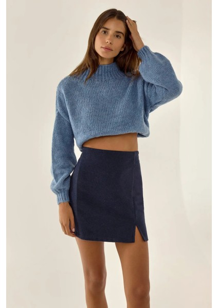 Kadın Yüksek Bel Mini Etek Blue
