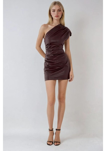 Kadın Tek Kollu Timsah Desenli Suni Deri Mini Elbise Brown