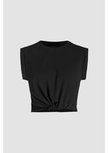 Kadın Basic Yuvarlak Yaka Kısa Tişört Siyah