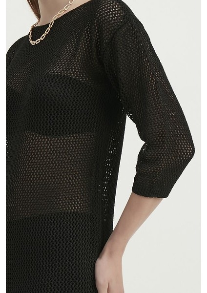 Kadın Örme Fileli Yuvarlak Yaka Midi Elbise Siyah indirimleri