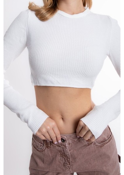 Kadın Yuvarlak Yakalı Fitilli Kırpılmış Kazak White fırsatları