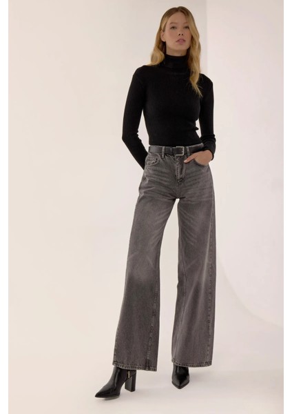 Kadın Yıkama Efektli Wide Leg Kot Pantolon Gri
