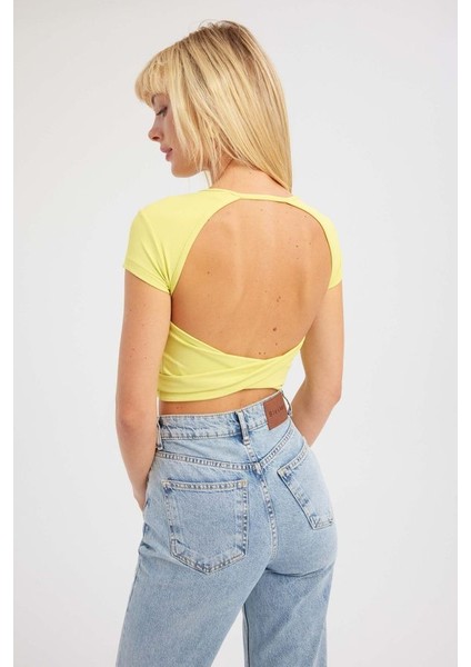 Kadın Yuvarlak Yaka Çapraz Arka Kısa Kollu Crop Top Yellow