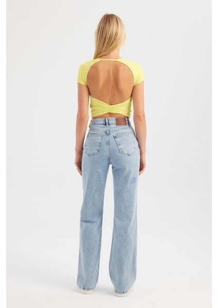 Kadın Yuvarlak Yaka Çapraz Arka Kısa Kollu Crop Top Yellow indirimleri