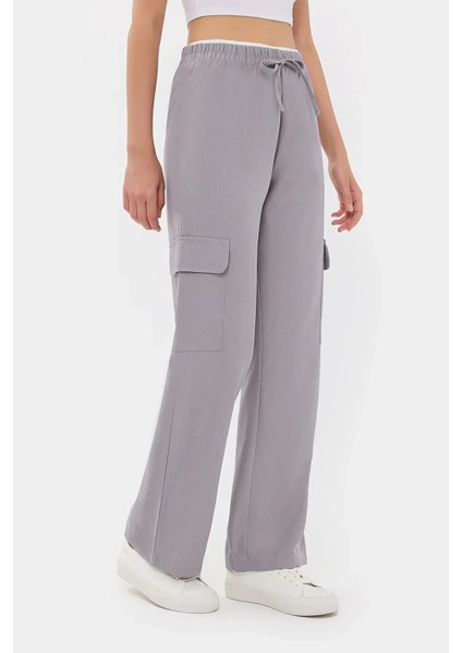 Kadın Elastik Bel Detaylı Yüksek Bel Düz Bacak Pantolon Grey