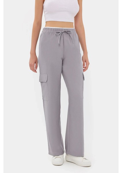 Kadın Elastik Bel Detaylı Yüksek Bel Düz Bacak Pantolon Grey fiyatları