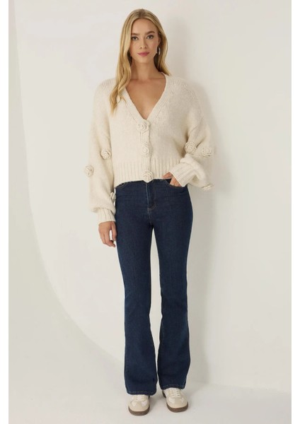 Kadın Çiçek Desenli Oversize V Yaka Hırka Natural fiyatları