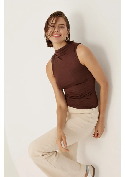Kadın Drapeli Sıfır Kol Bluz Brown fırsatları