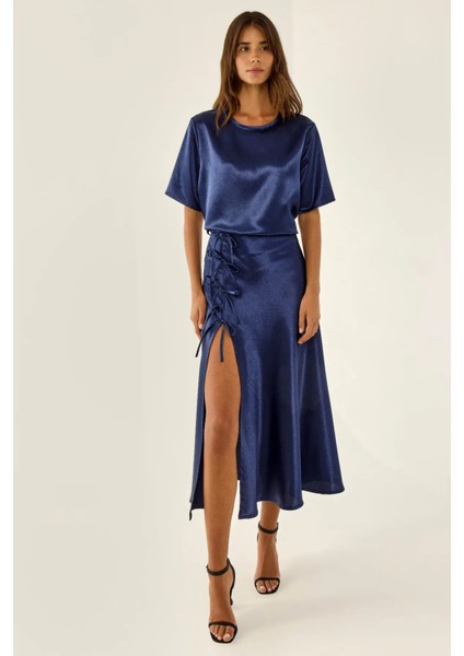 Kadın Saten Bisiklet Yaka Bluz Blue