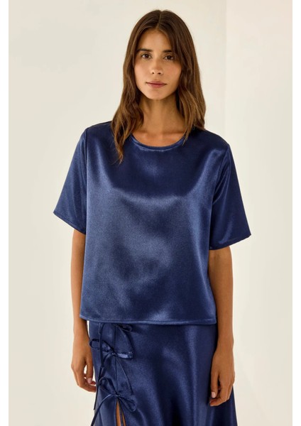 Kadın Saten Bisiklet Yaka Bluz Blue fiyatları