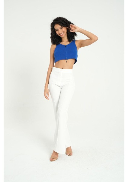 Kadın Yaka Detaylı Fermuarlı Örme Nervürlü Crop Top Blue