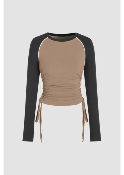 Kadın Renk Bloklu Bisiklet Yaka Üst Natural