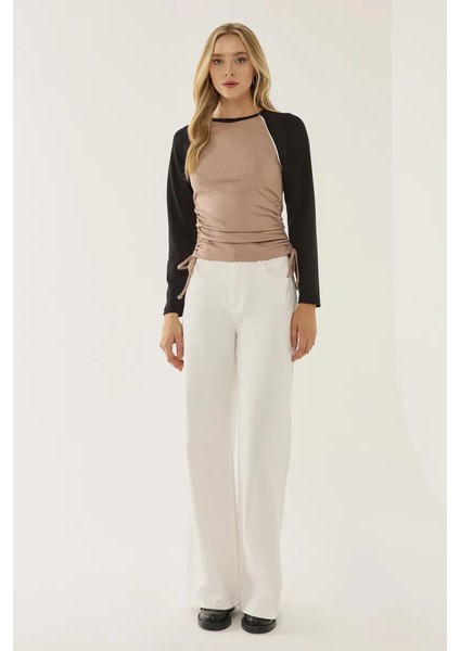 Kadın Renk Bloklu Bisiklet Yaka Üst Natural fırsatları