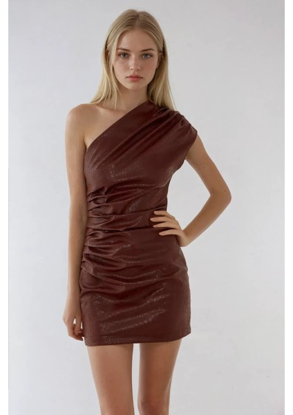 Kadın Tek Kollu Timsah Desenli Suni Deri Mini Elbise Red modelleri