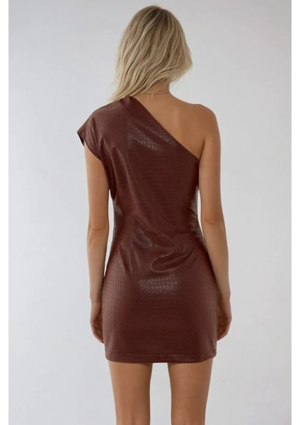 Kadın Tek Kollu Timsah Desenli Suni Deri Mini Elbise Red indirimleri