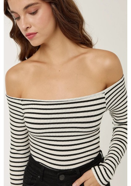Kadın Omuz Açık Çizgili Bluz White fiyatları