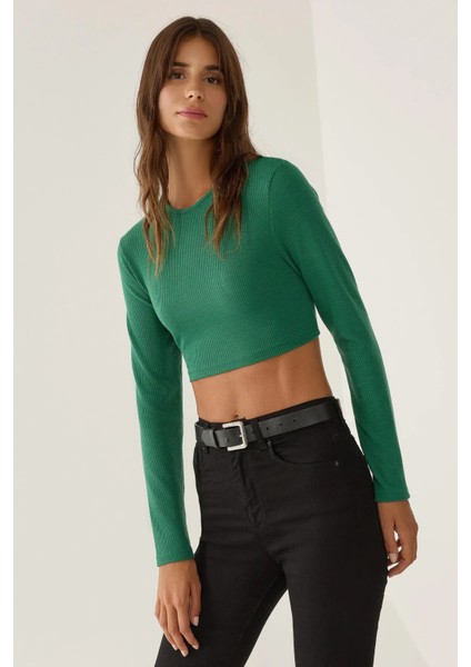 Kadın Slim Fit Örme Crop Bluz Green fiyatları