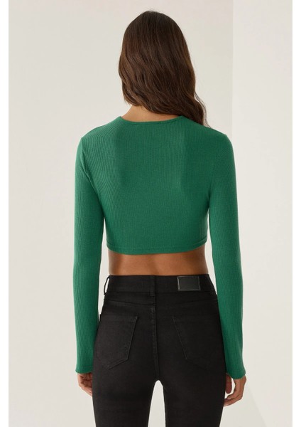 Kadın Slim Fit Örme Crop Bluz Green fırsatları