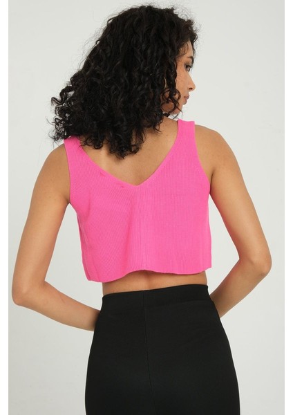 Kadın Yaka Detaylı Fermuarlı Fitilli Örme Crop Top Pembe fırsatları