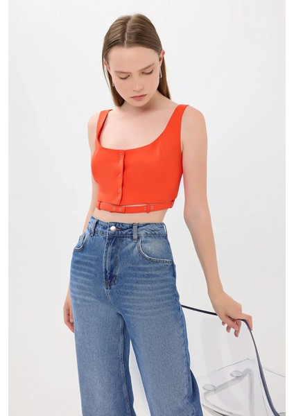 Kadın Kemer Detaylı Düğmeli Kare Yaka Kamu Tank Top Orange modelleri