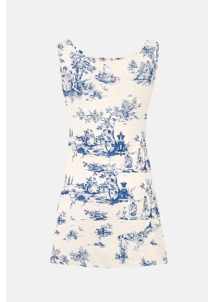 Kadın Kolsuz Baskılı Mini Elbise Peygamber Çiçeği Mavisi fırsatları