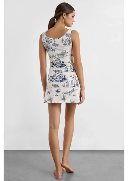 Kadın Kolsuz Baskılı Mini Elbise Peygamber Çiçeği Mavisi indirimleri