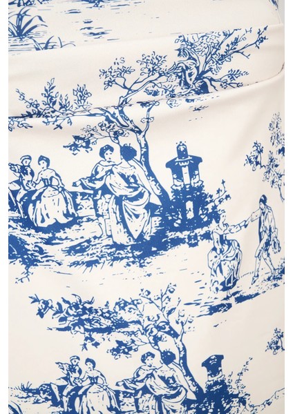 Kadın Kolsuz Baskılı Mini Elbise Peygamber Çiçeği Mavisi