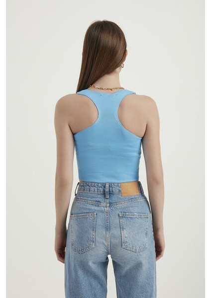 Kadın Kare Yaka Kolsuz Temel Dokuma Crop Top Blue indirimleri